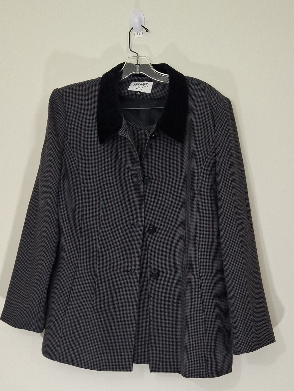 Kasper Black and Gray Houndstooth Blazer with Velvet Collar and Matching Skirt